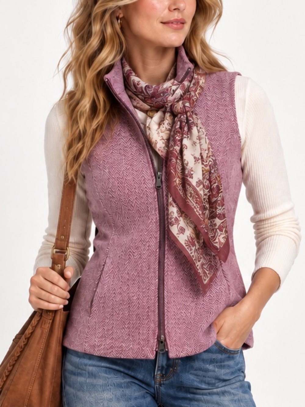 Coldwater Creek Pink Herringbone Wool Blend Full Zip Vest Size 4 Heritage Preppy